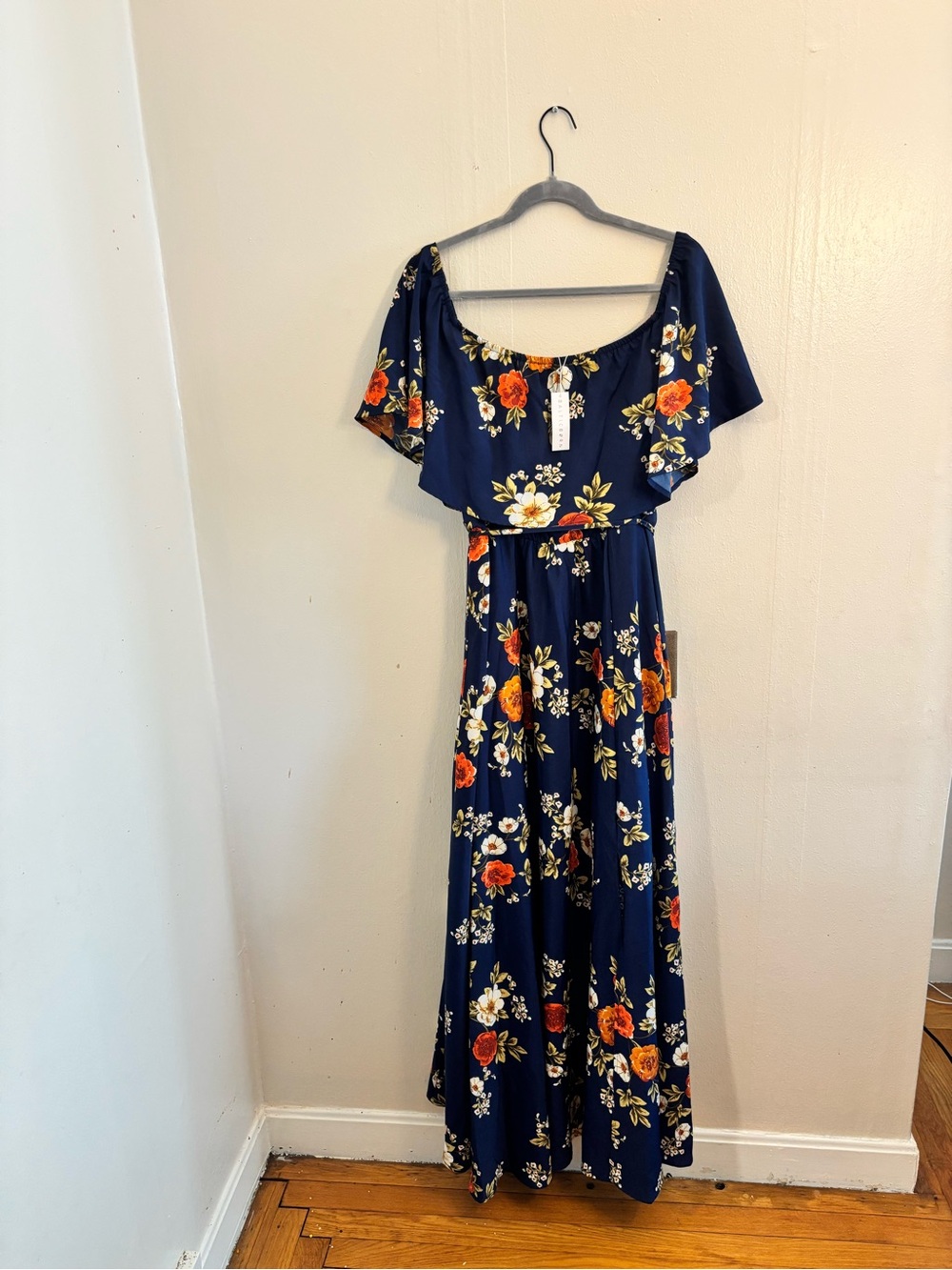 Baltic Born Navy Floral Off-Shoulder Maxi with Orange & White Blooms